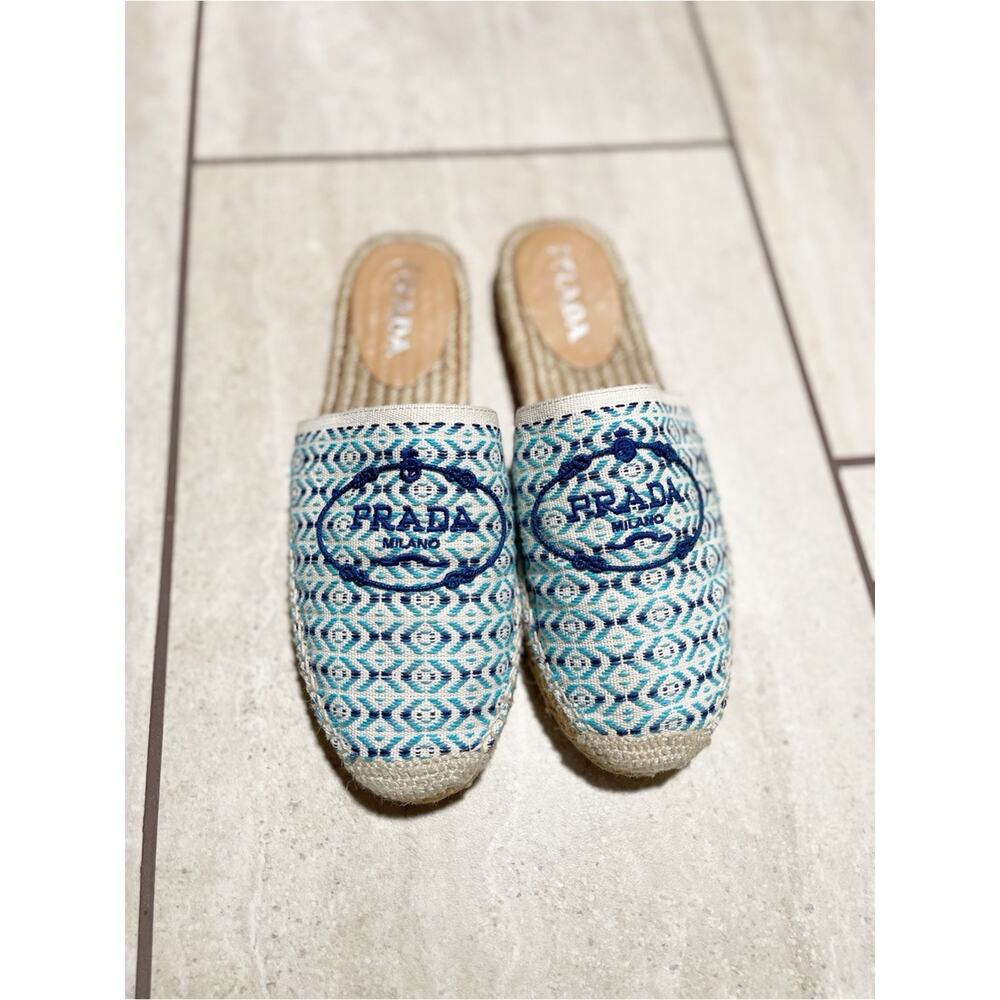 PRADA Nastro Jacquard Embroidered Logo Espadrille Mules Slip On Flats Sz 39 / 9 - Picture 3 of 10